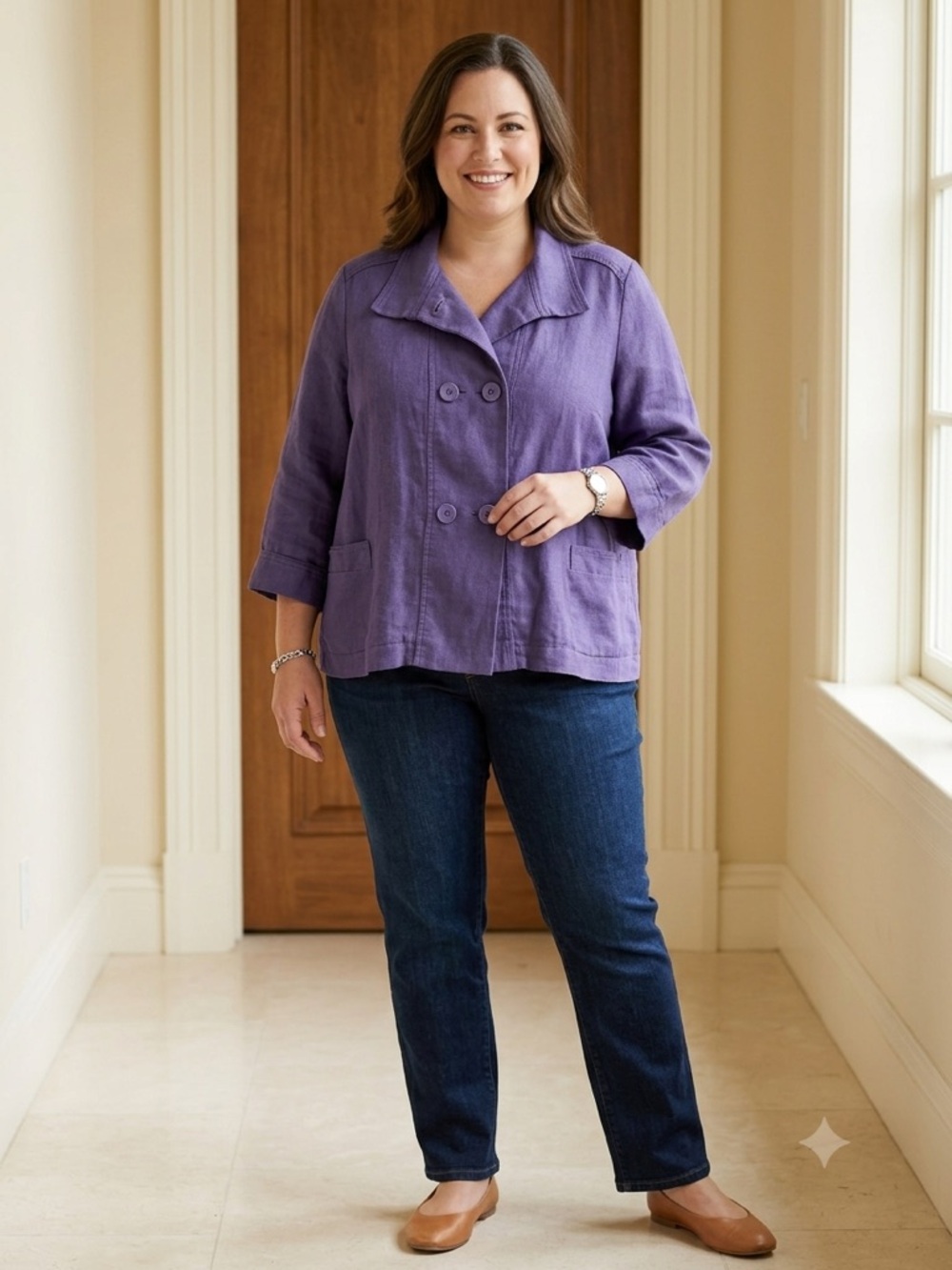 Coldwater Creek Purple Double-Breasted‎ Linen Jacket Blazer Top Pockets 1X